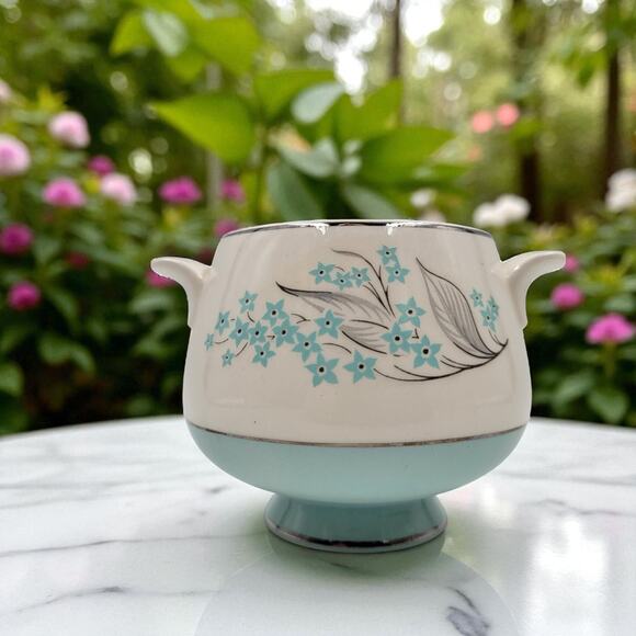 Sevron Powder Blue Lace Footed Sugar Bowl Silver Trim 1950's Coffee Without Lid - Picture 1 of 8